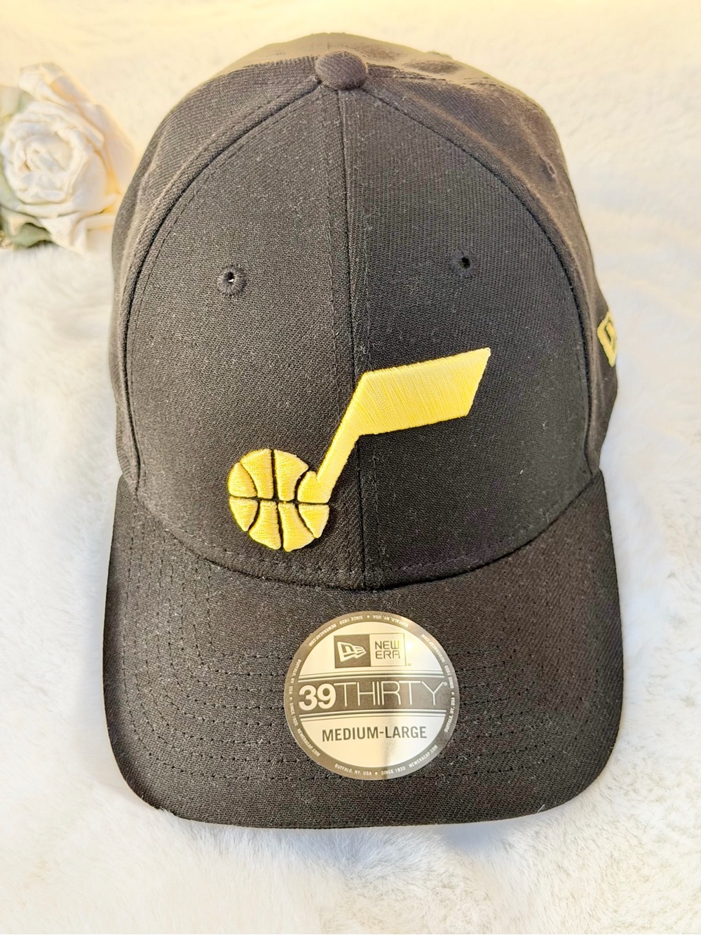 NBA Utah JAZZ CUSTOM FIT HAT. Black w/Yellow logo NBA logo on back